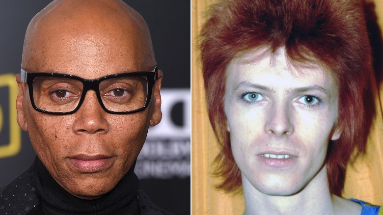 RuPaul wears black rimmed glasses, David Bowie wears glam during Ziggy Stardust phase