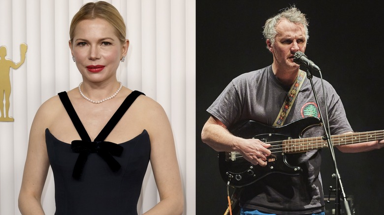 Michelle Williams in black dress; Phil Elverum singing with guitar