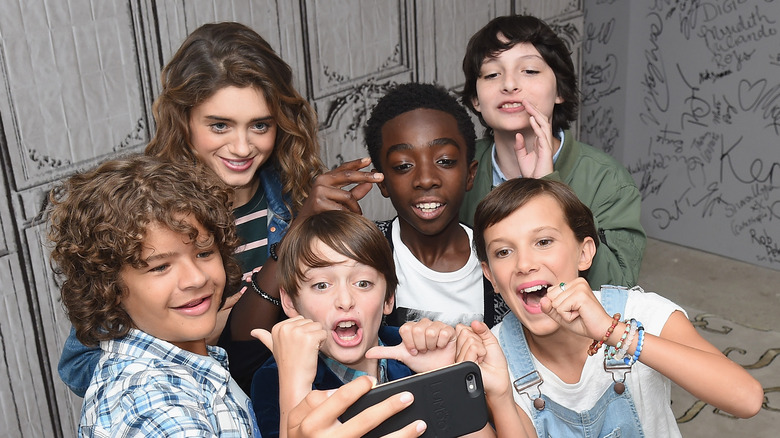 Actors Gaten Matarazzo, Natalia Dyer, Noah Schnapp, Caleb Laughlin, Finn Wolfhard, and Millie Bobby Brown