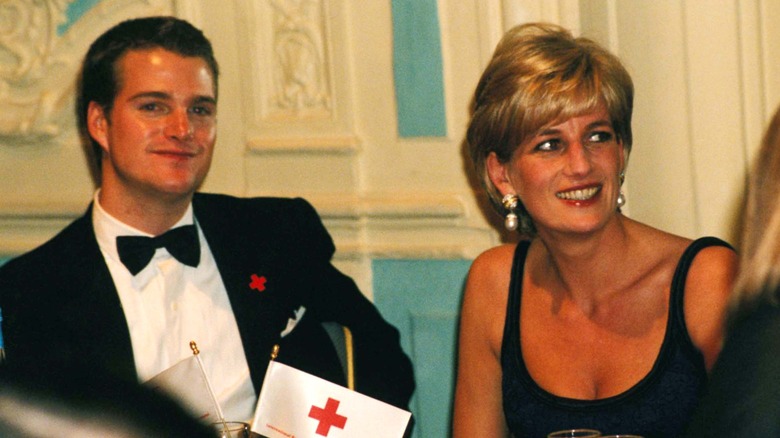 Chris O'Donnell (L) and Diana, Princess of Wales, attend the UK Premiere After Party for "In Love And War" in February 1997