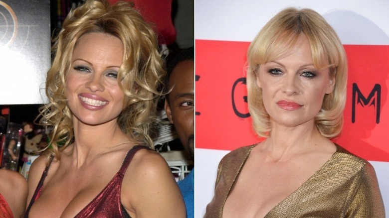 Pamela Anderson smiling (left), Pamela Anderson smirking (right) 