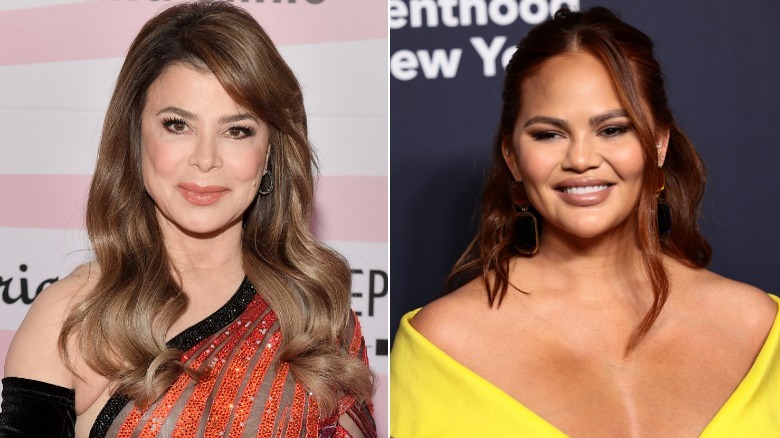 Paula Abdul and Chrissy Teigen smiling split image