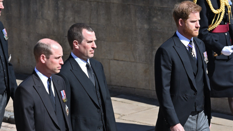 Prince William and Prince Harry walk at Prince Philip's funeral