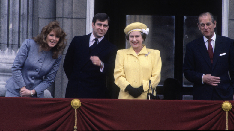 Sarah Ferguson, posing with Prince Andrew, Queen Elizabeth II, and Prince Philip