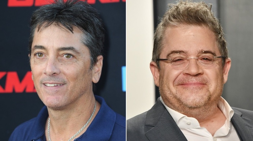 Scott Baio poses on a red carpet and Patton Oswalt smiles 