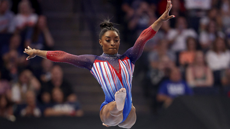 Simone Biles red white and blue leotard