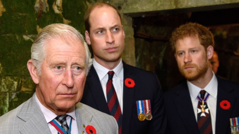 Prince Charles, Prince William, and Prince Harry staring ahead