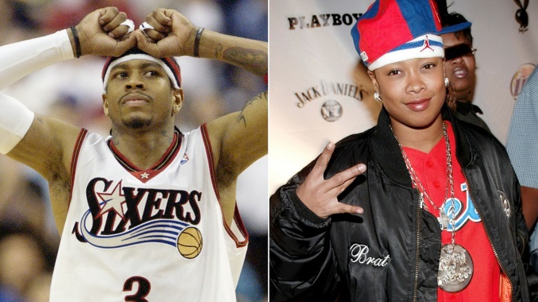 Allen Iverson with fists on forehead, Da Brat posing