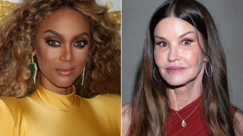 Tyra Banks, Janice Dickinson with wide-eyed expressions in split image