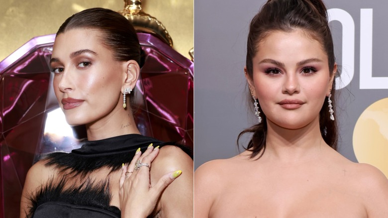 Hailey Bieber fluffy dress, Selena Gomez hair up