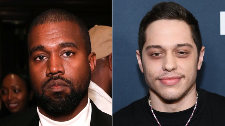 Kanye West posing, left, and Pete Davidson smiling, right