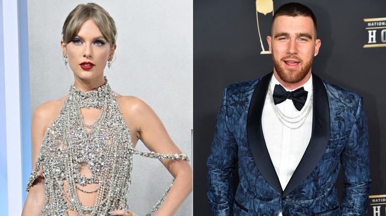 Taylor Swift wearing beaded dress, Travis Kelce wearing bowtie