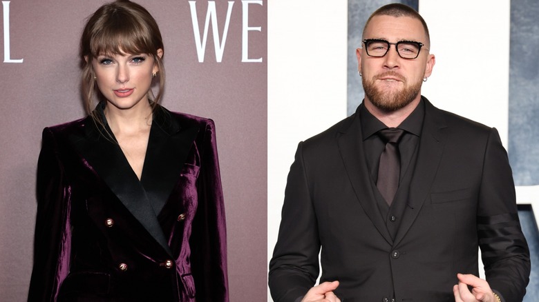 Taylor Swift posing, Travis Kelce wearing glasses