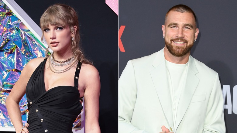 Taylor Swift posing, Travis Kelce smiling