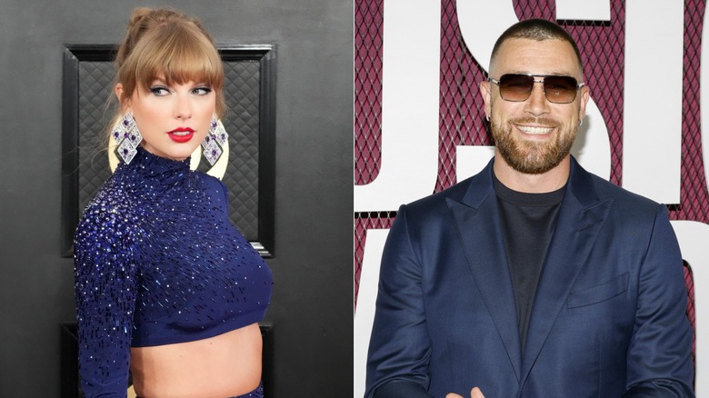 Taylor Swift wearing statement earrings, Travis Kelce wearing sunglasses