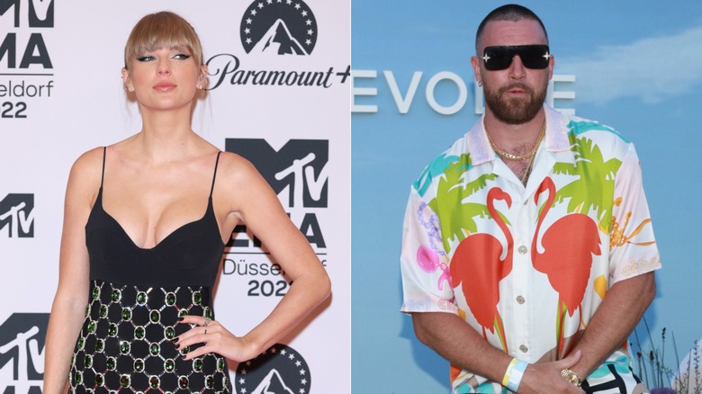 Taylor Swift with hand on hip, Travis Kelce wearing flamingo shirt