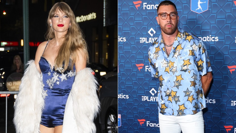 Taylor Swift posing in blue dress, Travis Kelce wearing clothing with star patterns