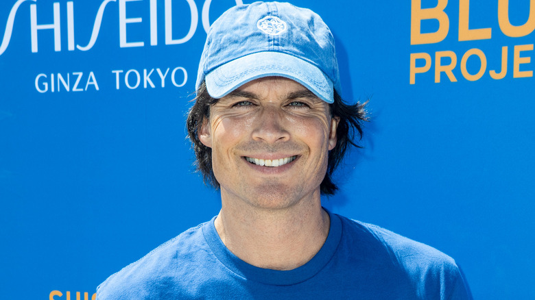 Ian Somerhalder wearing a blue hat