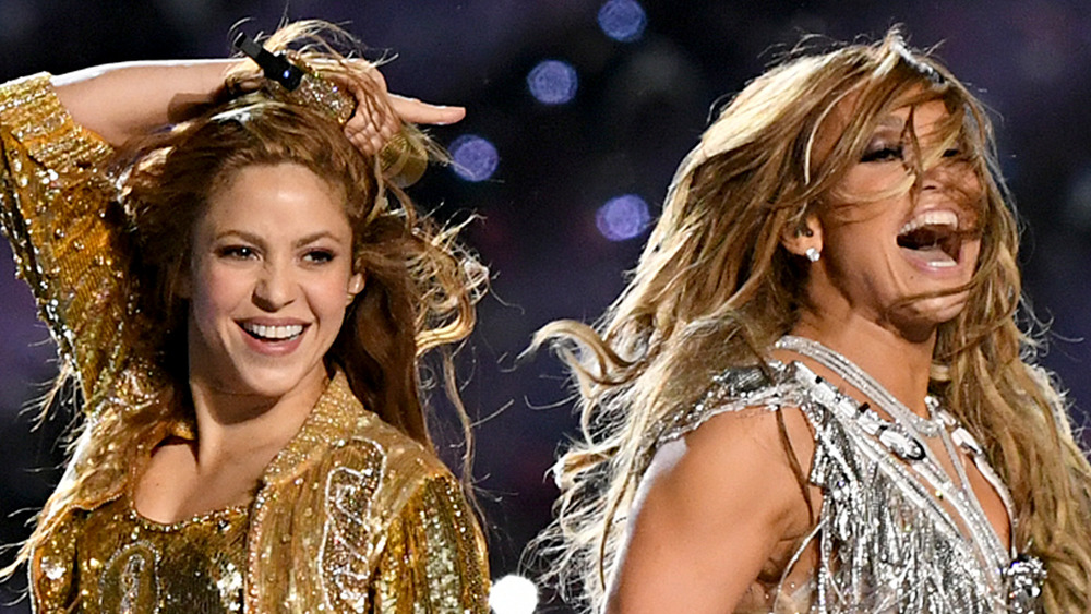 Shakira and Jennifer Lopez performing at the Super Bowl