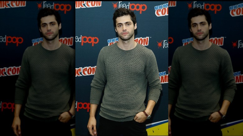 Matthew Daddario on the red carpet in a gray sweater 