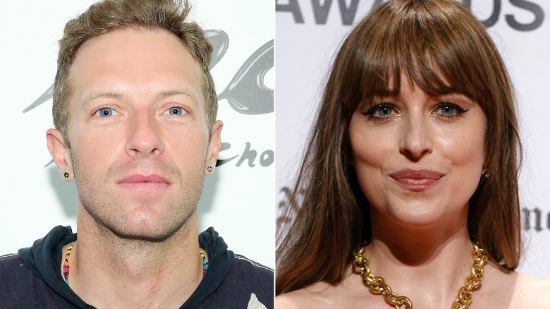 Chris Martin, Dakota Johnson smiling in split image