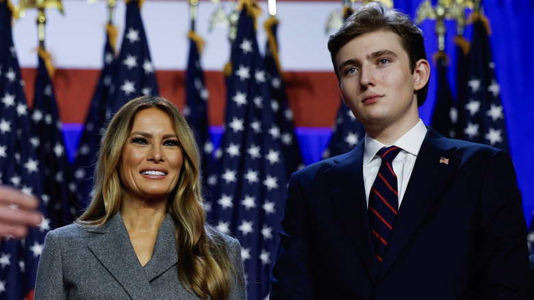 Melania and Barron Trump on stage during the 2024 election night