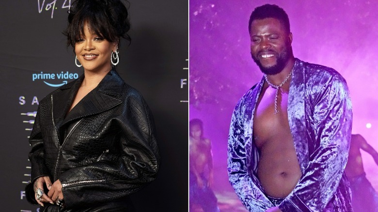 Rihanna smiling black coat, Duke Winston wearing purple robe