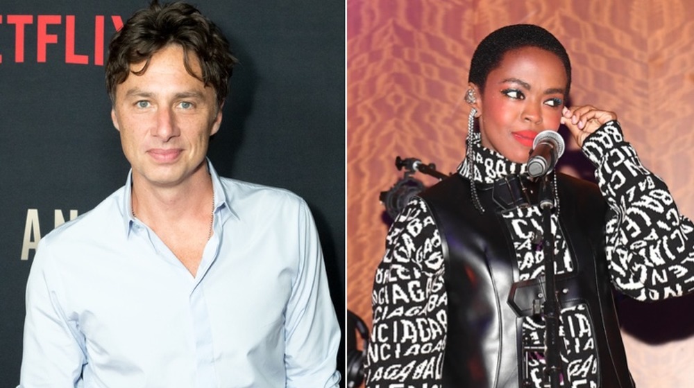 Zach Braff posing; Lauryn Hill performing