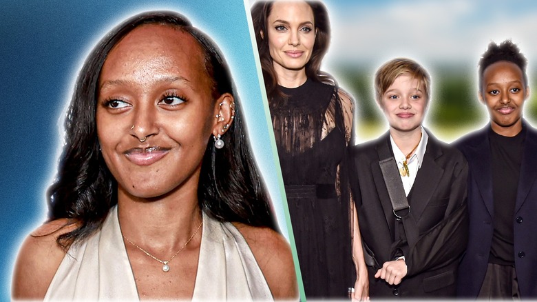 Zahara Jolie-Pitt closeup smiling and Angelina Jolie with Shiloh