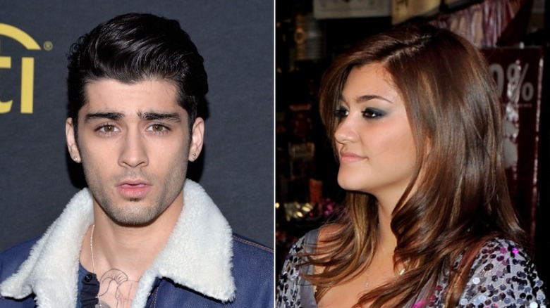 Zayn Malik in jean jacket while Geneva Lane looks on in glitter top, separate photos 