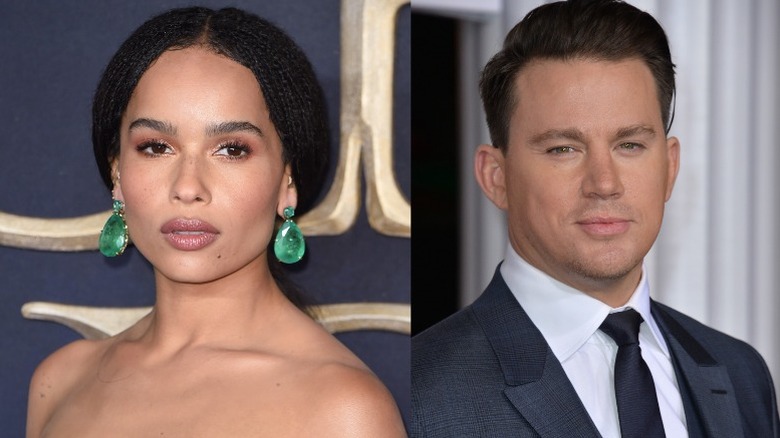 Zoë Kravitz with green earrings; Channing Tatum in a tuxedo