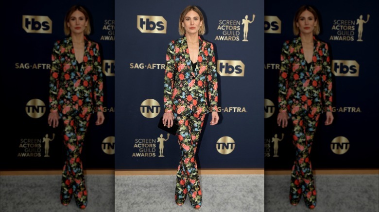 Jennifer Landon wearing a floral-print pants suit at the 2022 SAG Awards